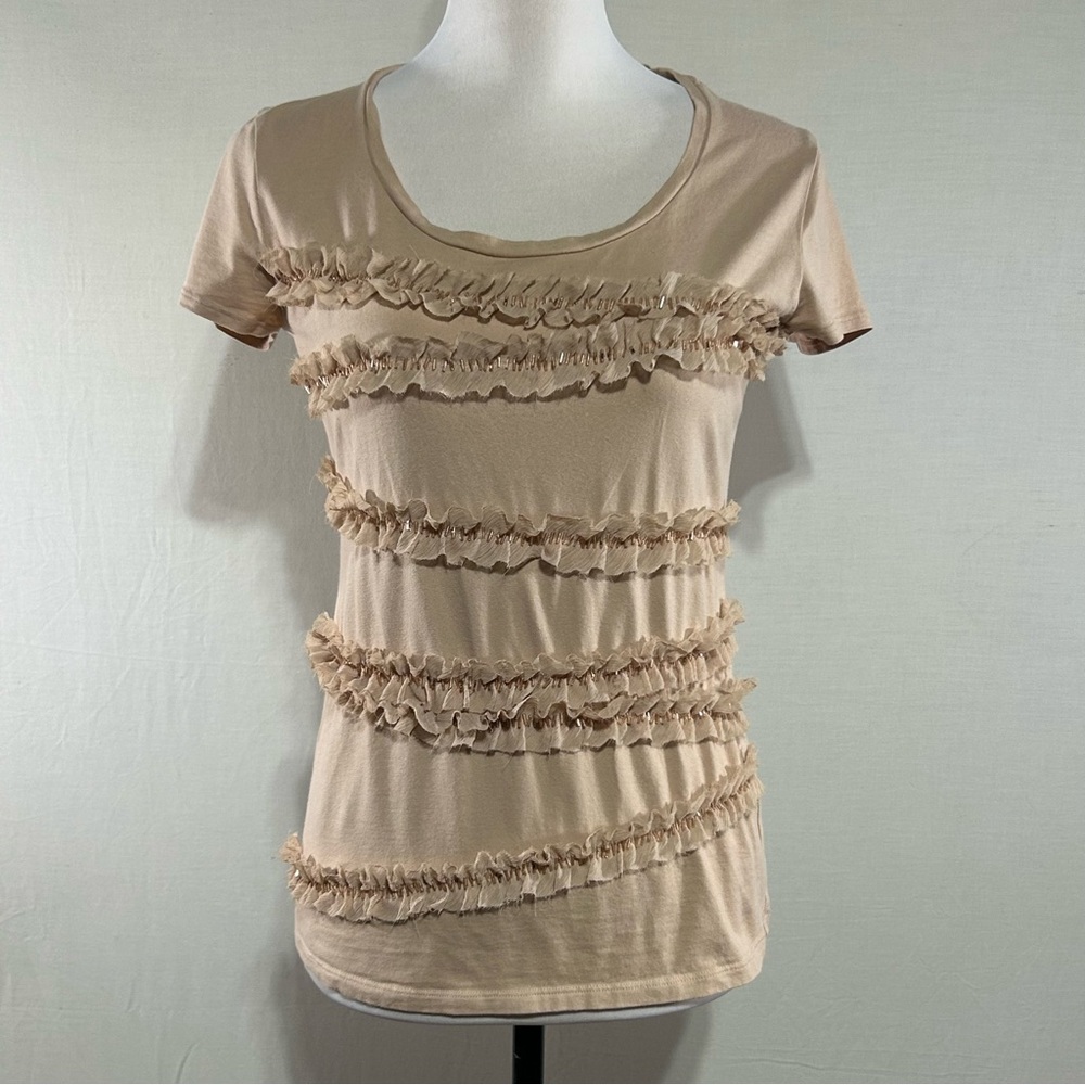Ann Taylor Beige Ruffled Short Sleeve Top